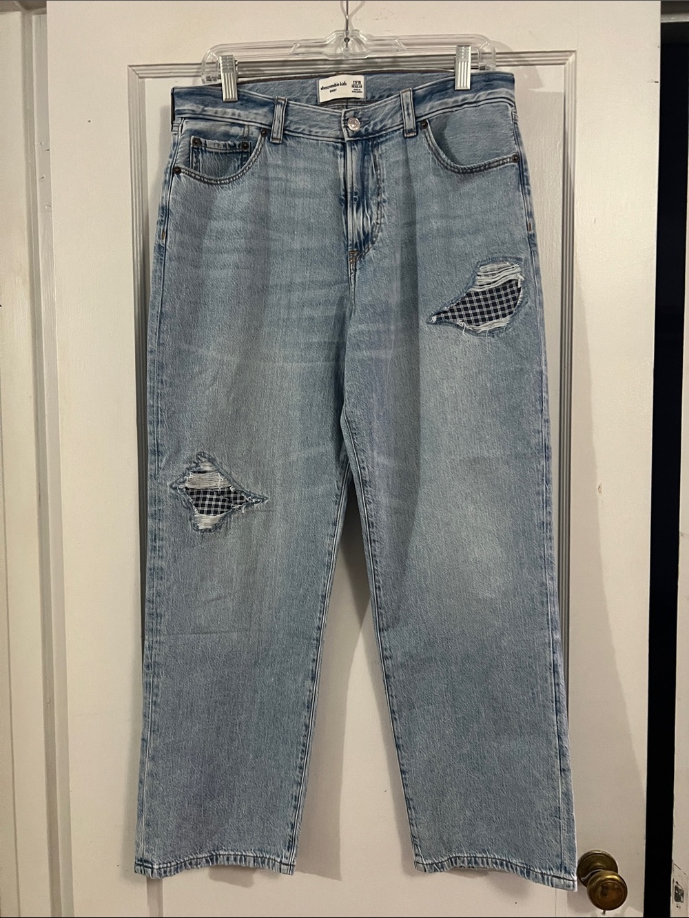 abercrombie kids Light Blue Distressed Jeans with Plaid Patch